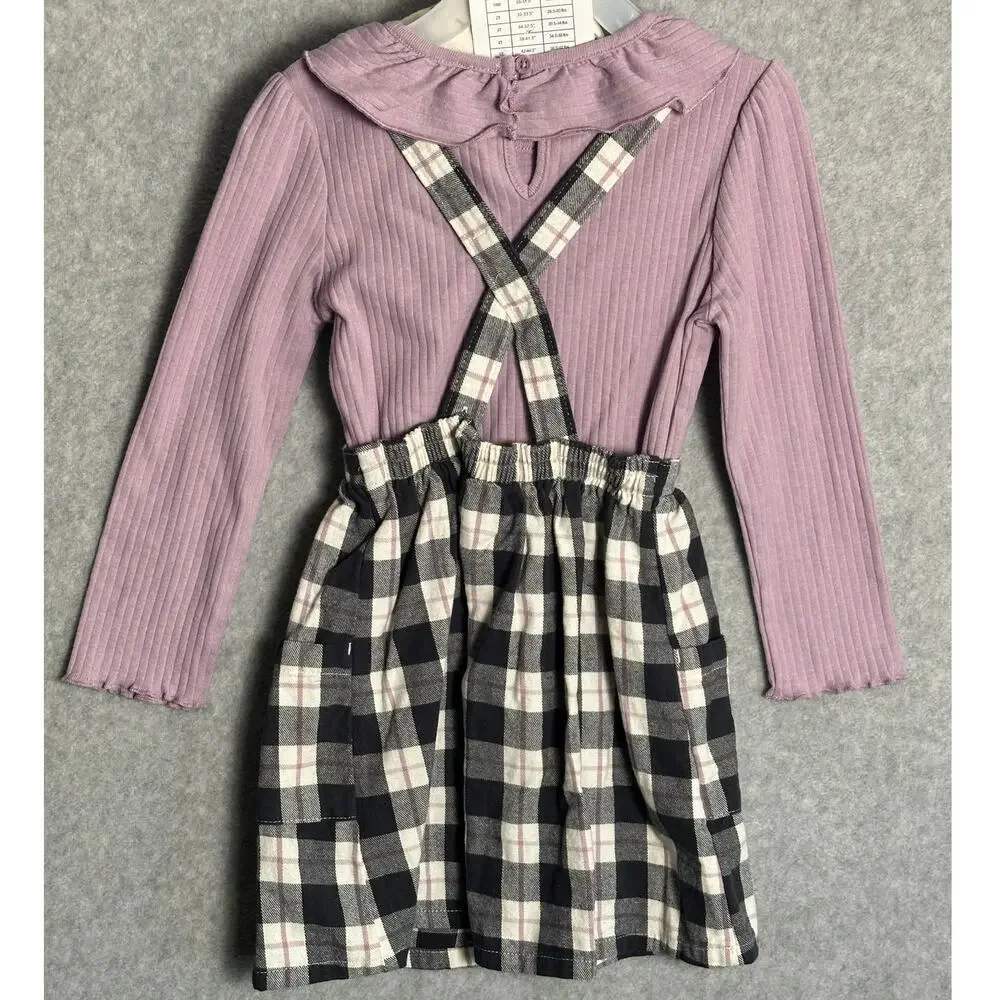 Wonder Nation 5T Girls 3pc Set Pinafore Skirt Overalls Long Sleeve Tights‎ Plaid